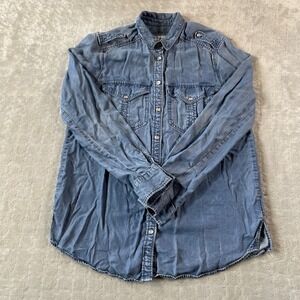 Express‎ Shirt Womens Small Blue Boyfriend Chambray Denim Snap Preppy Lyocell